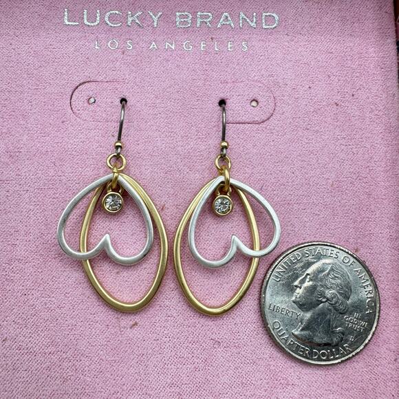 Lucky Brand Two Tone Heart Dangle Earrings New In Box Gold Tone Silver Tone - Picture 3 of 5